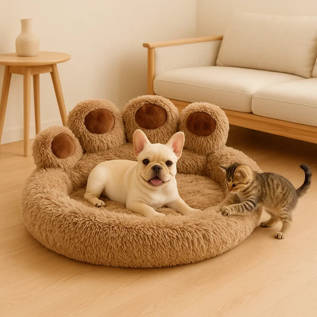 Fluffy Paws Dog Bed Sofa - Bear Paw Design with Non-Slip Base - Dog and cat on a fluffy pet bed in a cozy living room.