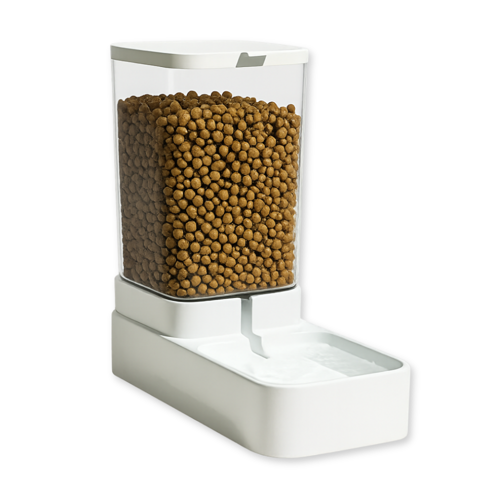Gravity dog food dispenser filled with kibble
