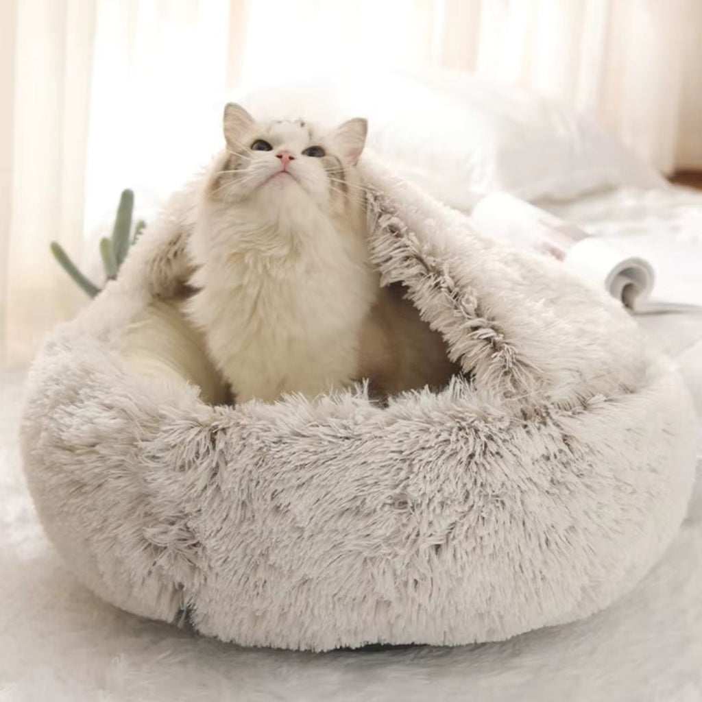 Cat sitting in the hooded cave bed