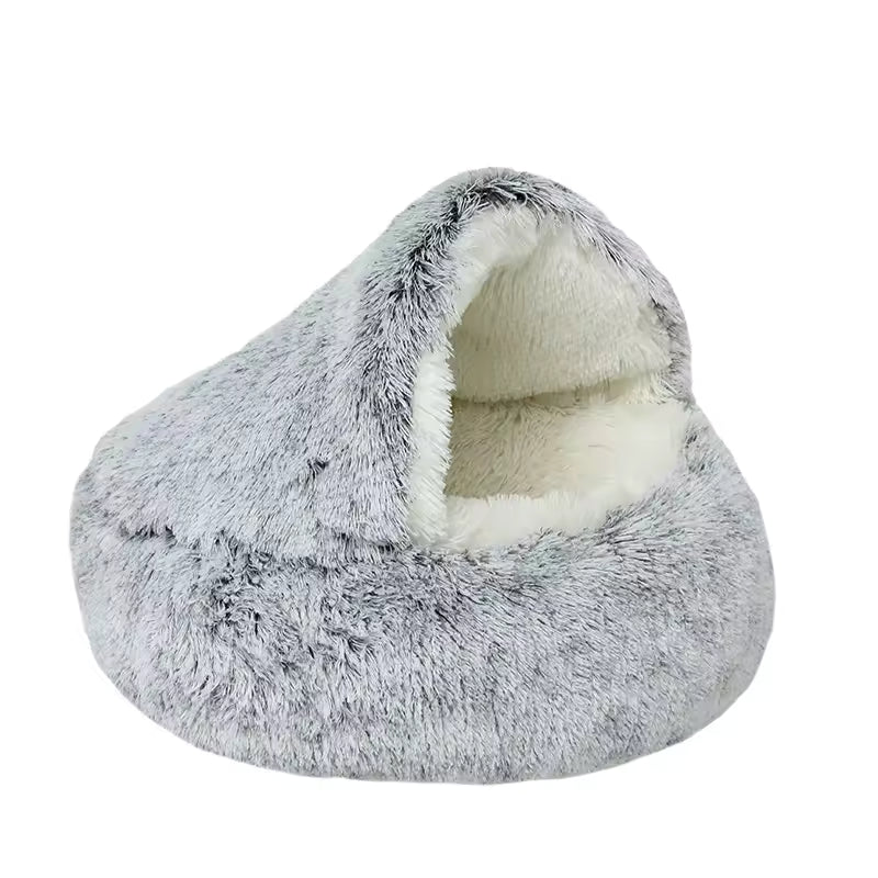 Fluffy grey hooded cat bed