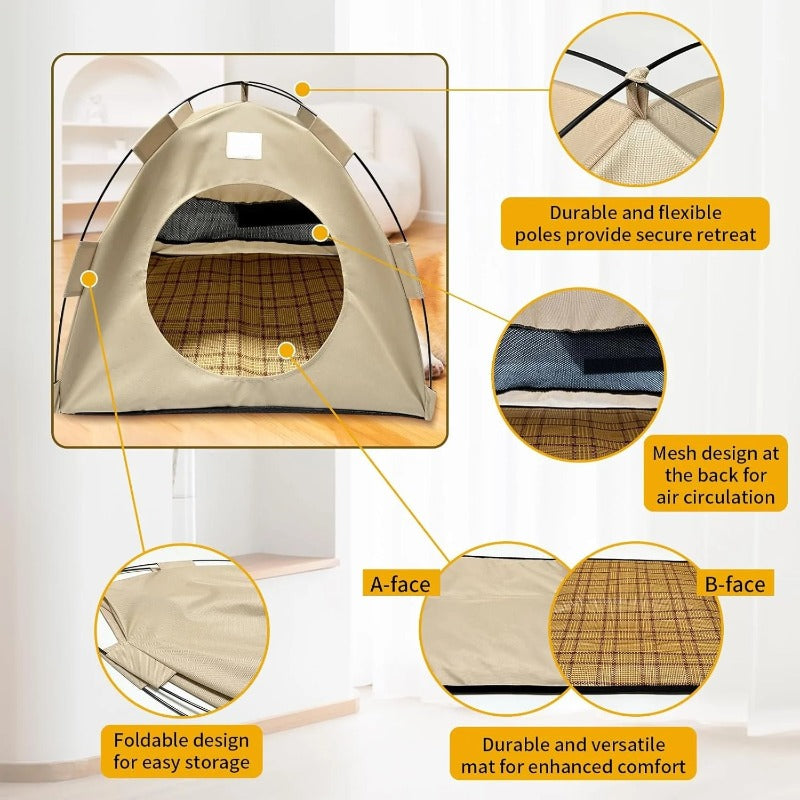 Pet tent frame, mesh back and mat details