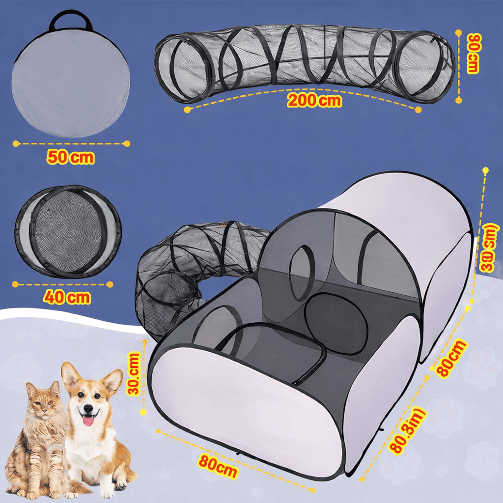 Cat playing in mesh tent