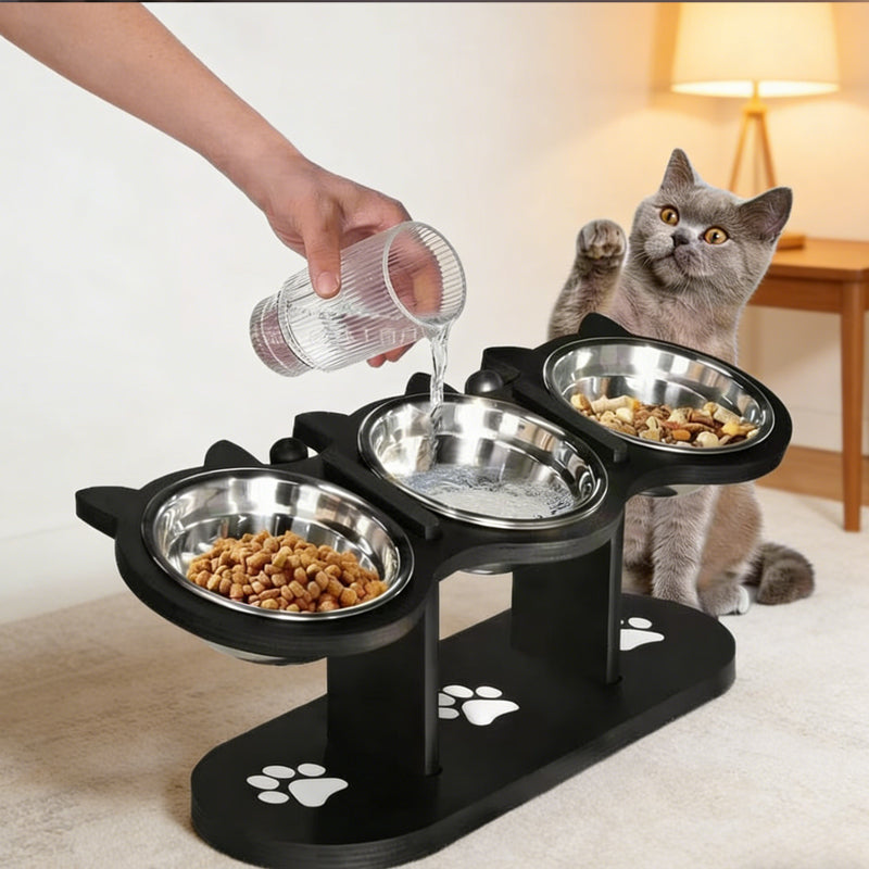 Height-adjustable elevated pet feeder with three bowls