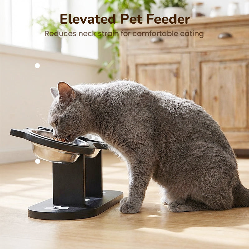 Elevated pet feeder in use