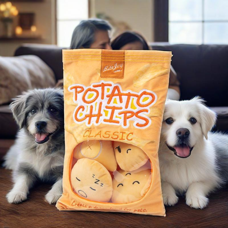 Chip bag snuffle dog toy with plush chips