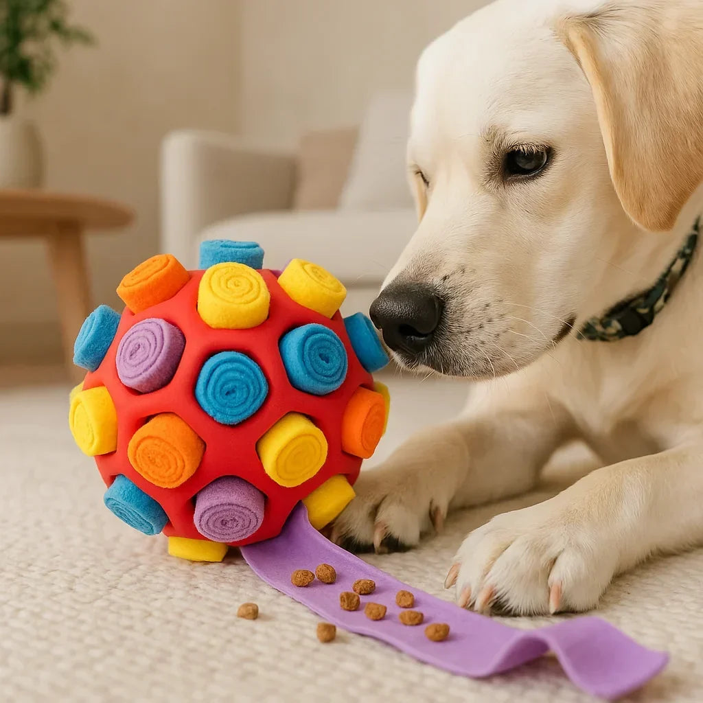 Interactive Dog Puzzle Toy with Treat Dispenser - Mental Stimulation - Dog playing with a colorful puzzle toy on a carpeted floor.