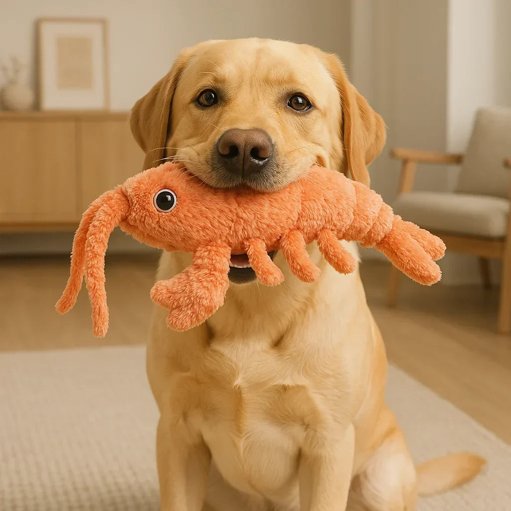 Interactive Jumping and Moving Pet Toy for Dogs and Cats - Dog holding a plush toy in its mouth in a living room setting