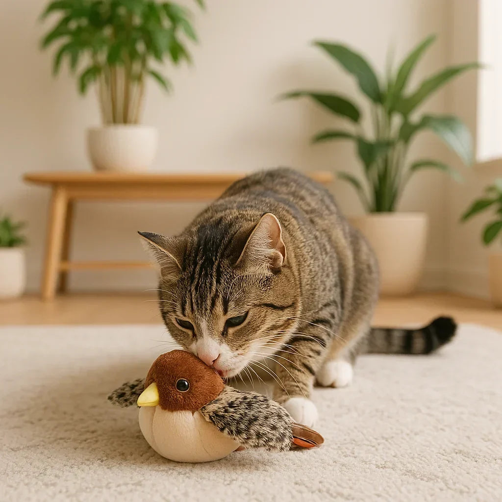 Interactive Moving and Chirping Cat Toy - USB Rechargeable - Cat playing with a bird-shaped toy on a carpeted floor with plants in the background