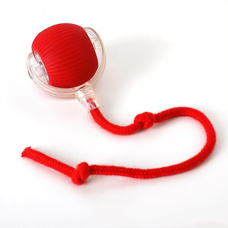 Red silicone interactive rolling pet ball with braided rope tail, shown with a cat playing indoors (view 10)