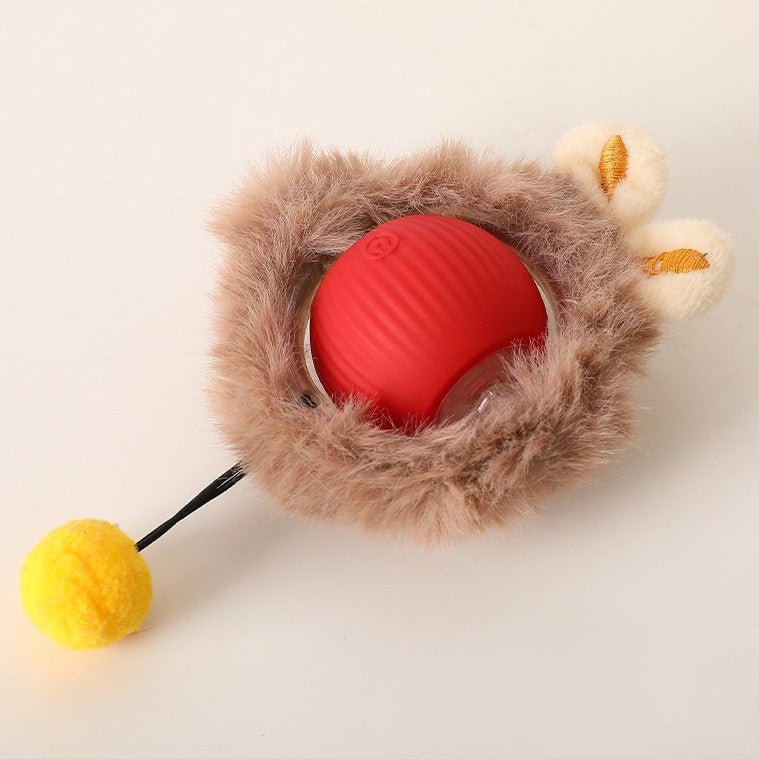 Red silicone interactive rolling pet ball with braided rope tail, shown with a cat playing indoors (view 12)