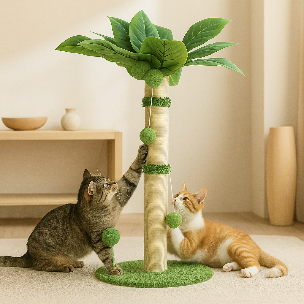 Coconut Rope Cat Tree with Scratching Post - Compact, Solid Wood Base - Two cats playing with a cat tree in a room with a beige wall and wooden furniture.