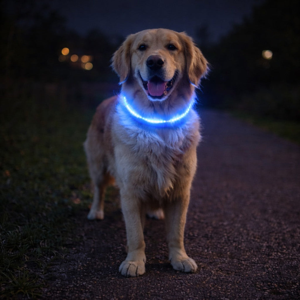 Dog wearing a glowing blue LED collar at night
