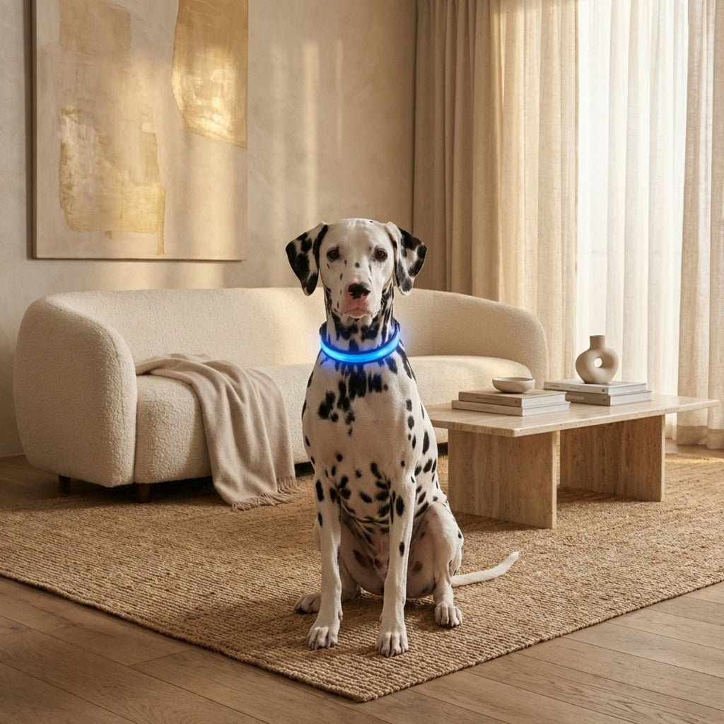 Blue LED dog collar glowing with white light strip, black buckle and metal D-ring on marble surface (view 2)