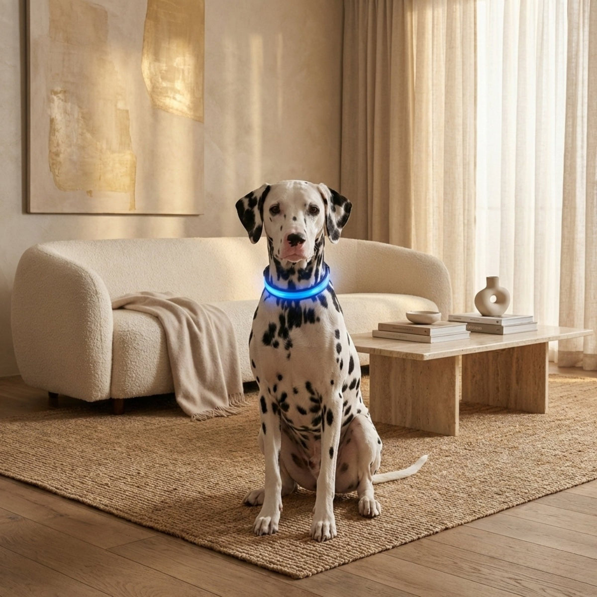 Blue LED dog collar glowing with white light strip, black buckle and metal D-ring on marble surface (view 2)