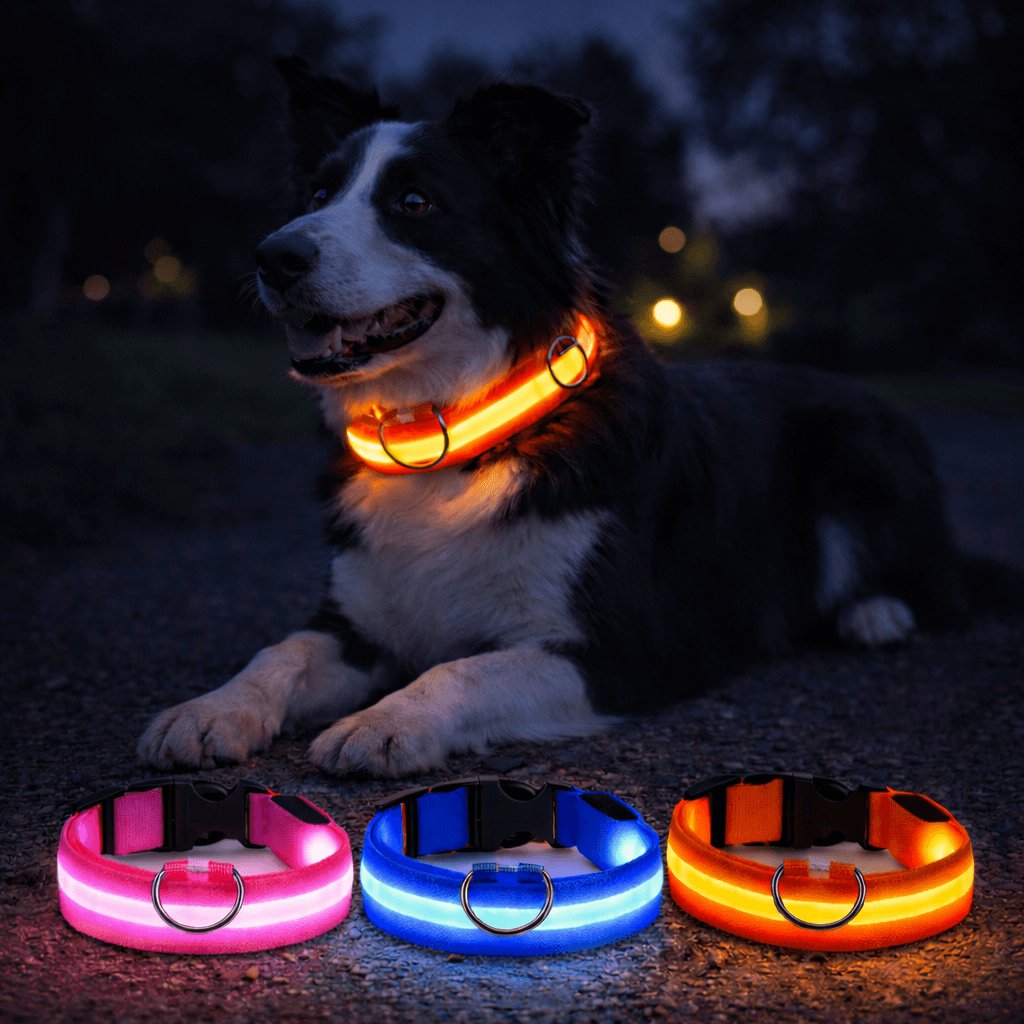 Blue LED dog collar glowing with white light strip, black buckle and metal D-ring on marble surface (view 3)