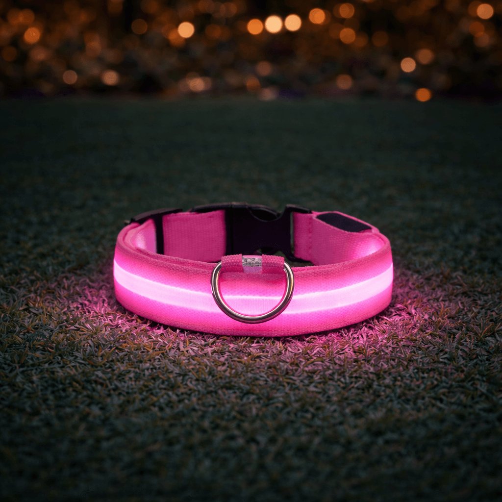 Blue LED dog collar glowing with white light strip, black buckle and metal D-ring on marble surface (view 7)