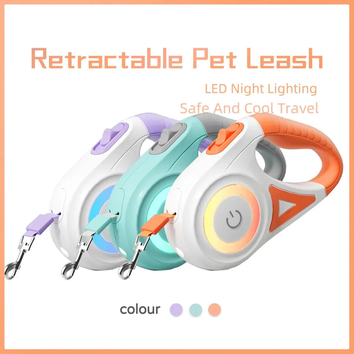 LED retractable leash in three colours