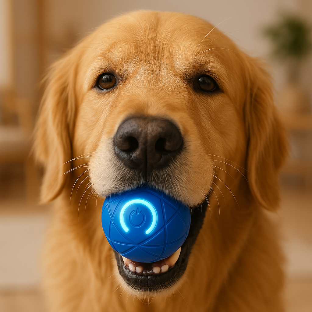 Light-Up Interactive Bouncing Pet Toy for Dogs and Cats - 3 Modes - Dog holding a blue ball with a glowing circle in its mouth.