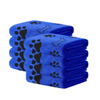 Stack of blue microfibre dog towels with paw print