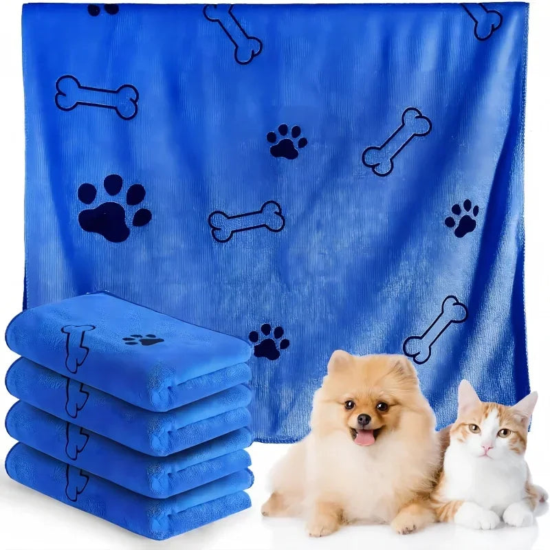 Blue microfibre pet towel with dogs and cat