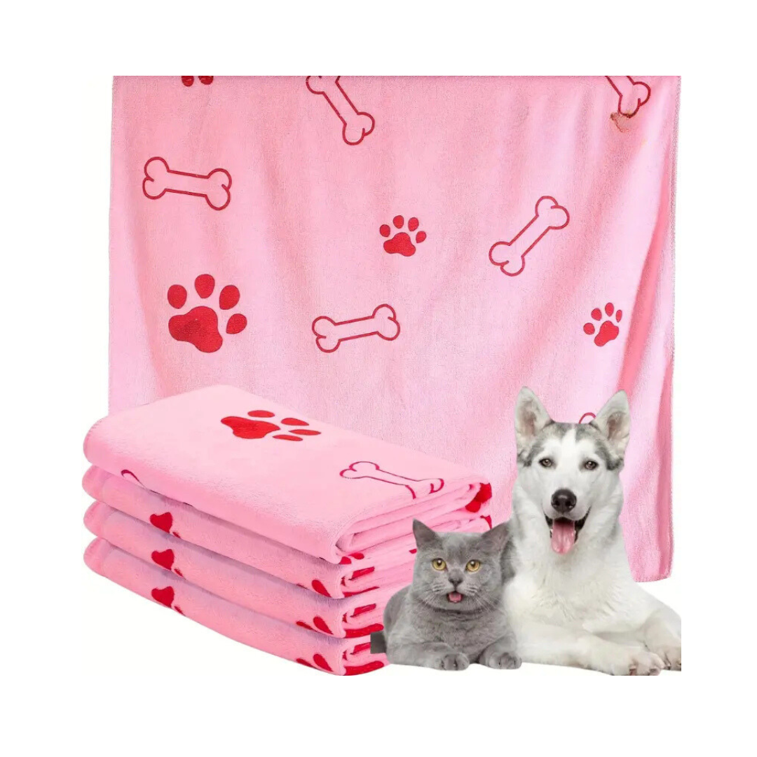 Pink microfibre pet towel with bone and paw print