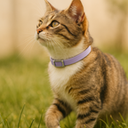 Natural Plant-Based Flea Collar for Cats - 7-Month Protection, Chemical-Free - Cat wearing a purple collar standing on grass