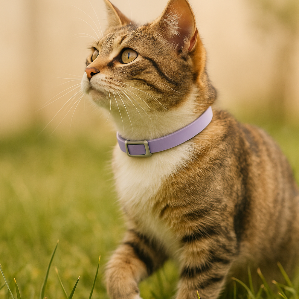 Natural Plant-Based Flea Collar for Cats - 7-Month Protection, Chemical-Free - Cat wearing a purple collar standing on grass