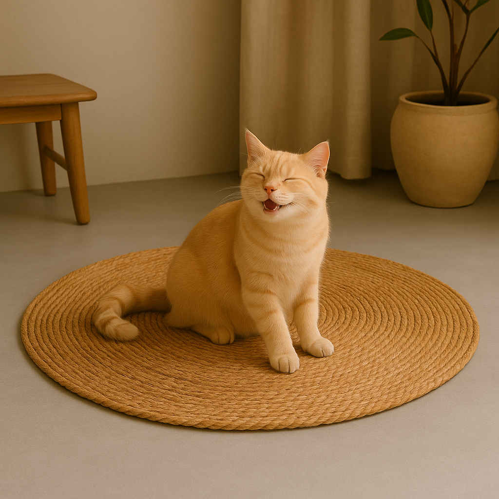 Natural Sisal Cat Scratching Mat - Dual Function Furniture Protector - Cat sitting on a woven mat in a room with a plant and wooden stool.