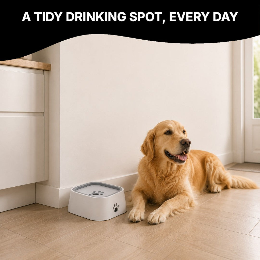 Dog resting next to a no-spill water bowl