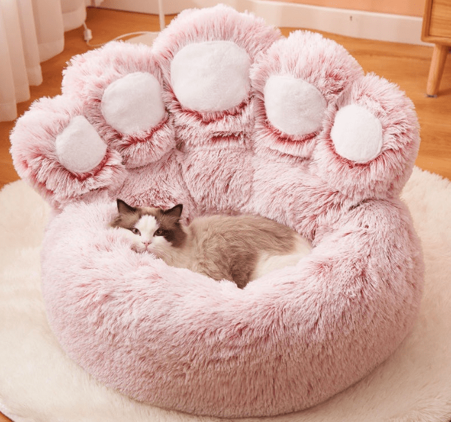 Cat sleeping in the pink paw bed