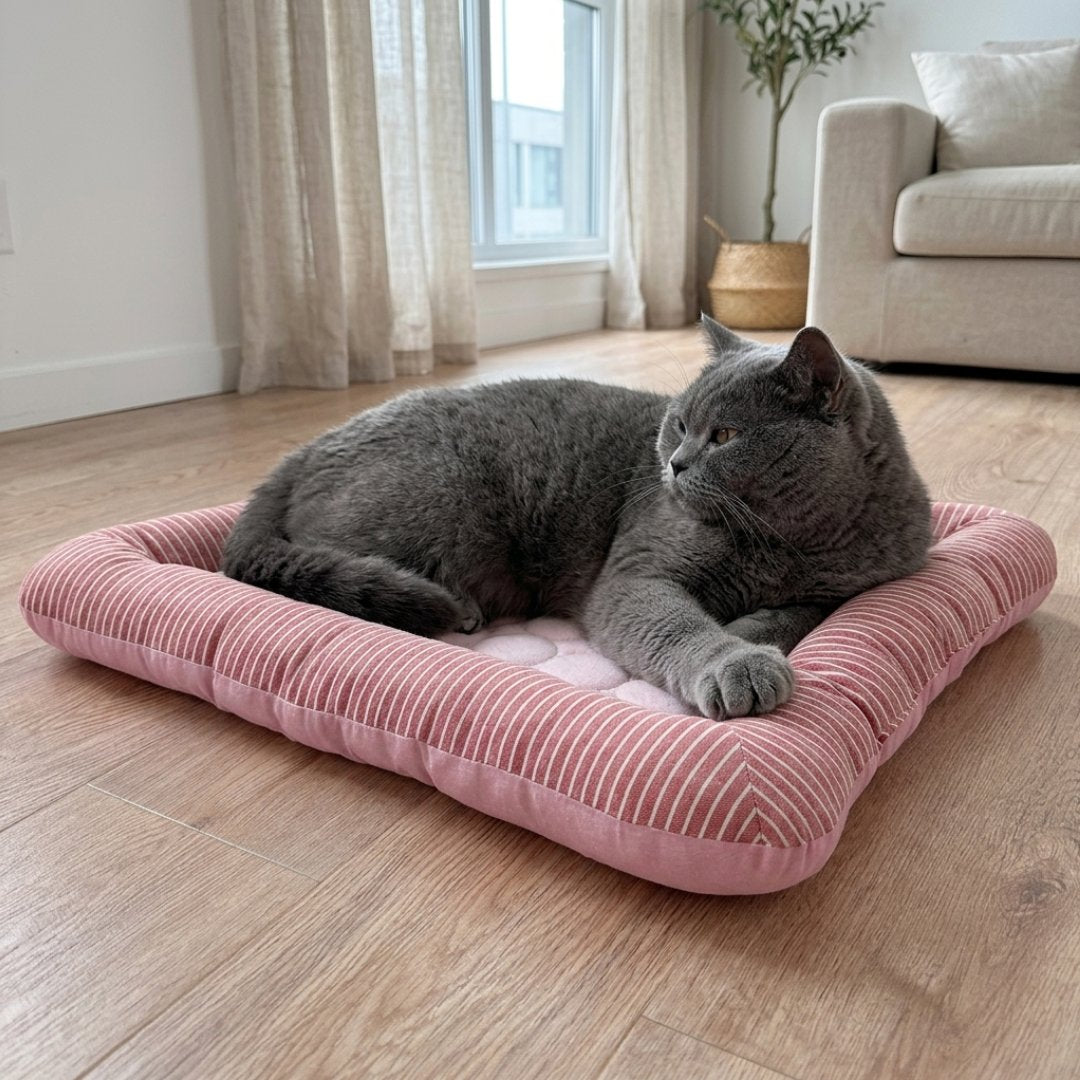 Pink pet cooling mat with striped bolster edges and quilted center, dog resting on it indoors (view 3)