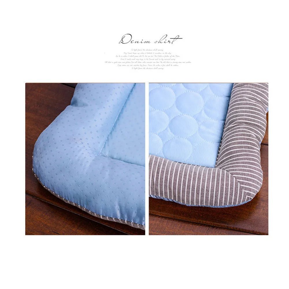 Pink pet cooling mat with striped bolster edges and quilted center, dog resting on it indoors (view 6)