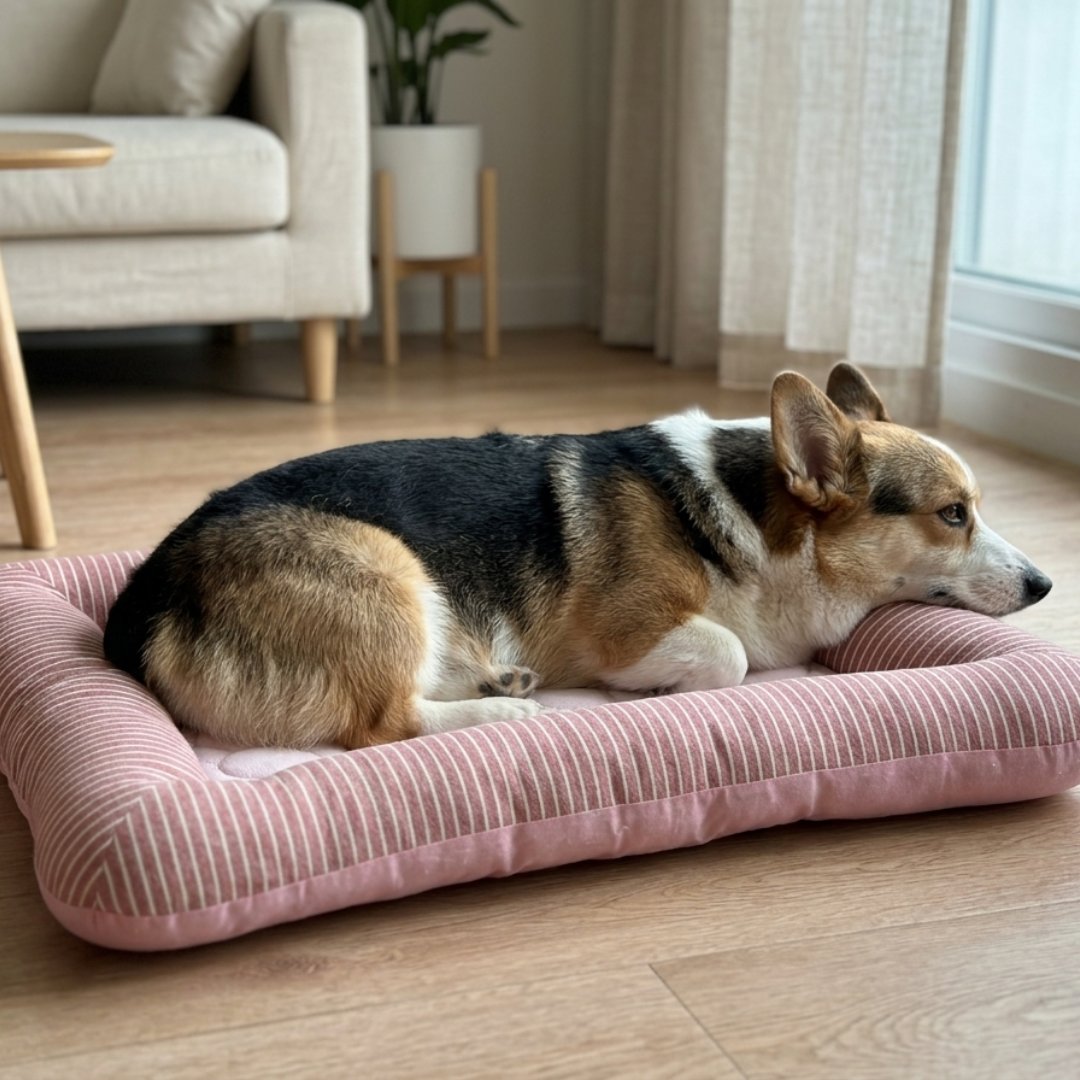 Pink pet cooling mat with striped bolster edges and quilted center, dog resting on it indoors