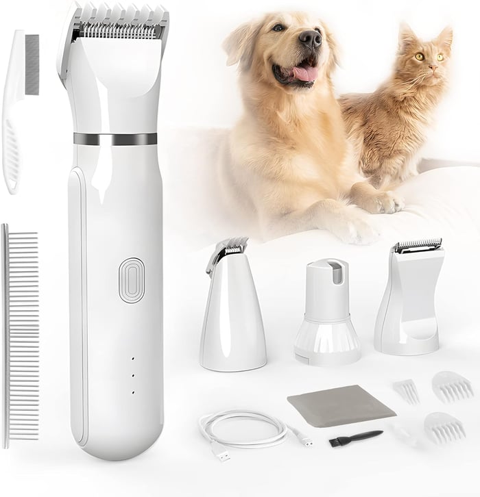 Pet grooming kit with trimmer and accessories, dog and cat