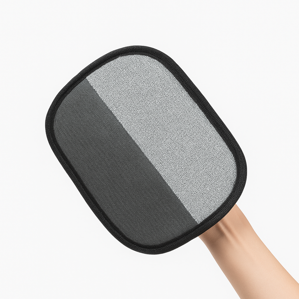Hand wearing the hair remover mitt