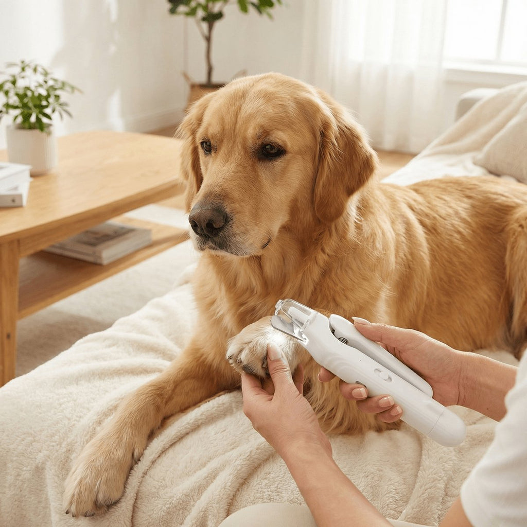 White pet nail clipper with LED light and grinder being used on a golden retriever's paw (view 2)