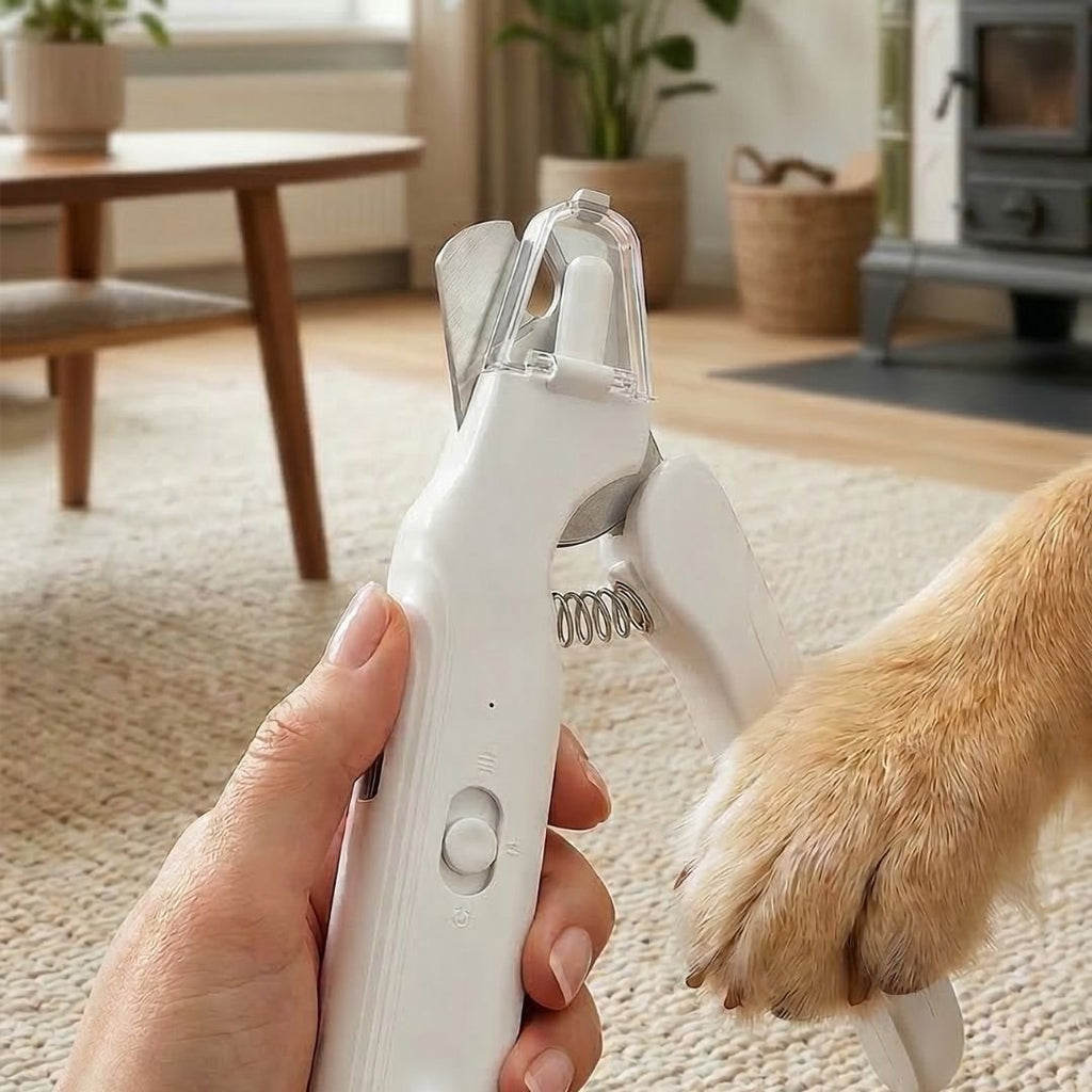 White pet nail clipper with LED light and grinder being used on a golden retriever's paw (view 3)