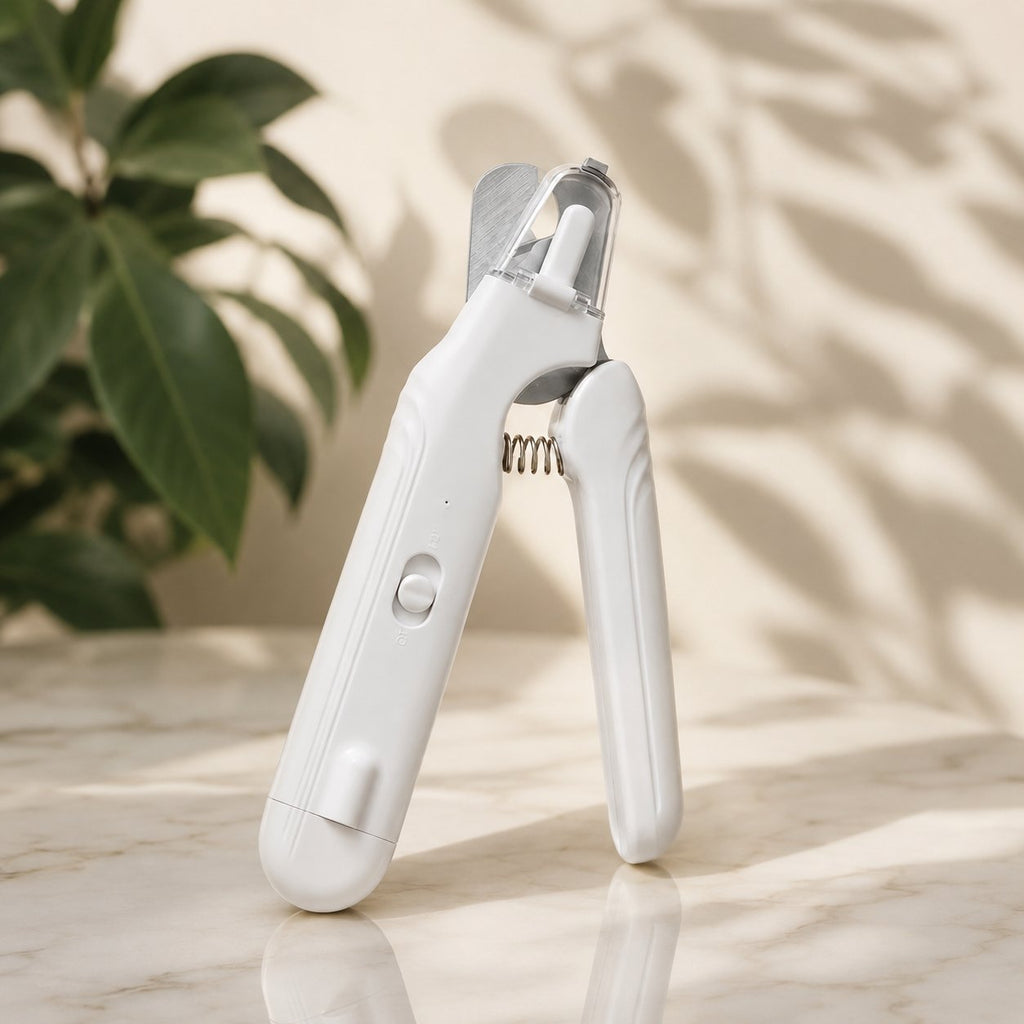 White pet nail clipper with LED light and grinder being used on a golden retriever's paw