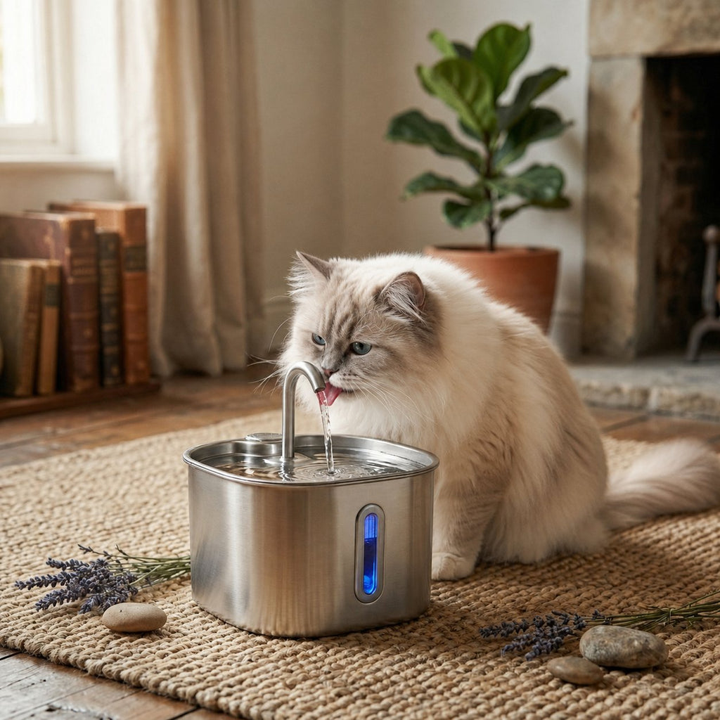 Stainless steel pet water fountain with arched spout and blue water level window, cat drinking from it (view 2)