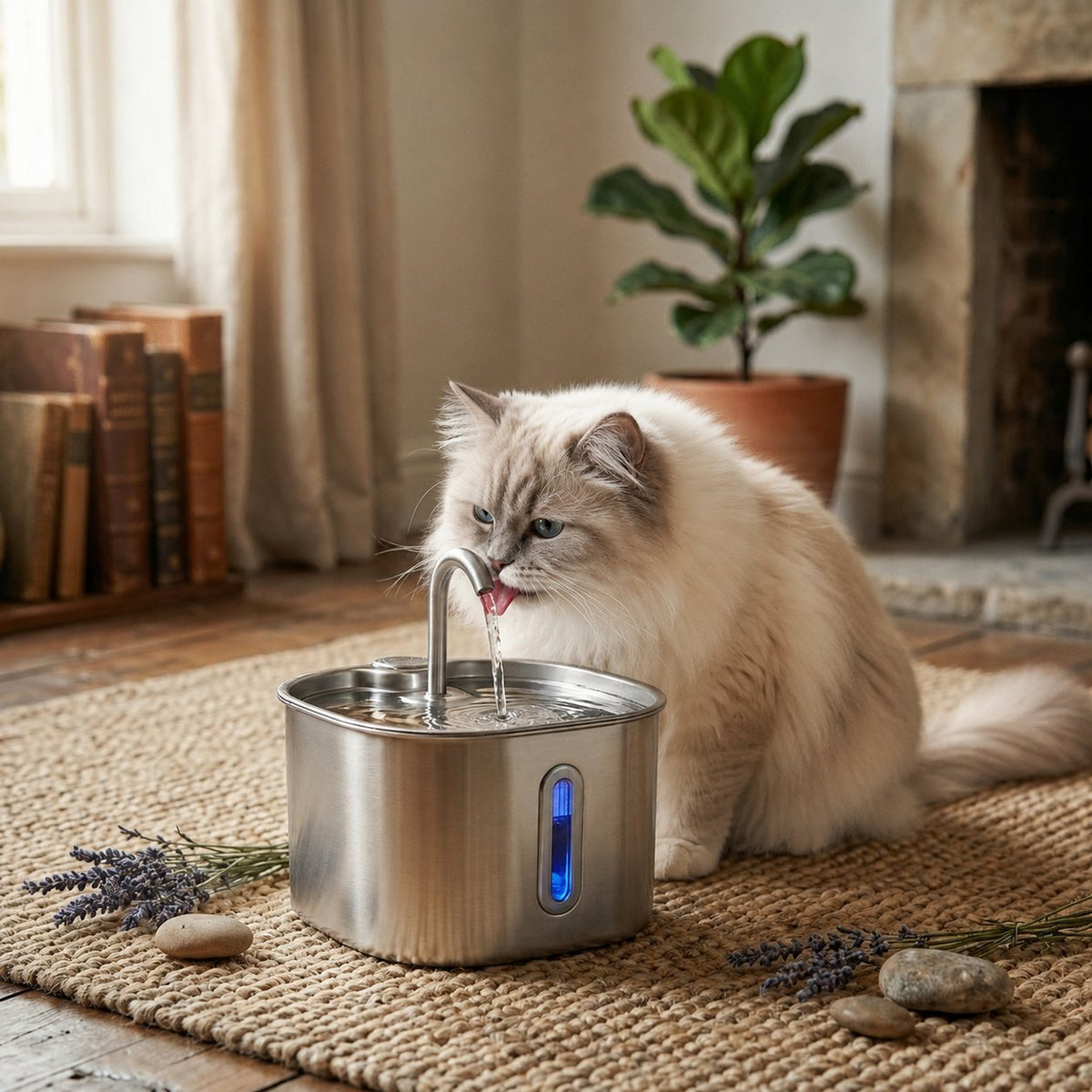 Stainless steel pet water fountain with arched spout and blue water level window, cat drinking from it (view 2)
