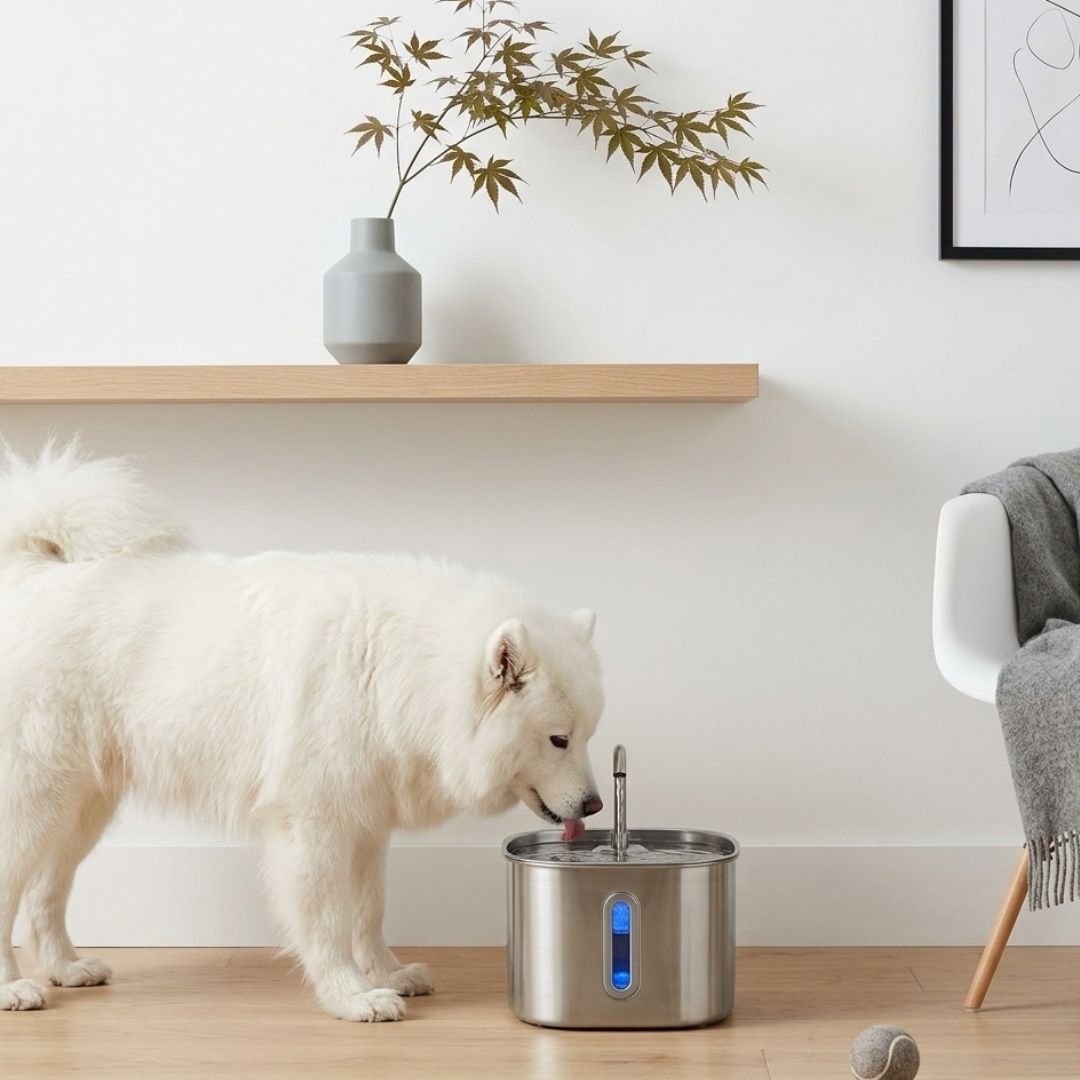 Stainless steel pet water fountain with arched spout and blue water level window, cat drinking from it (view 3)