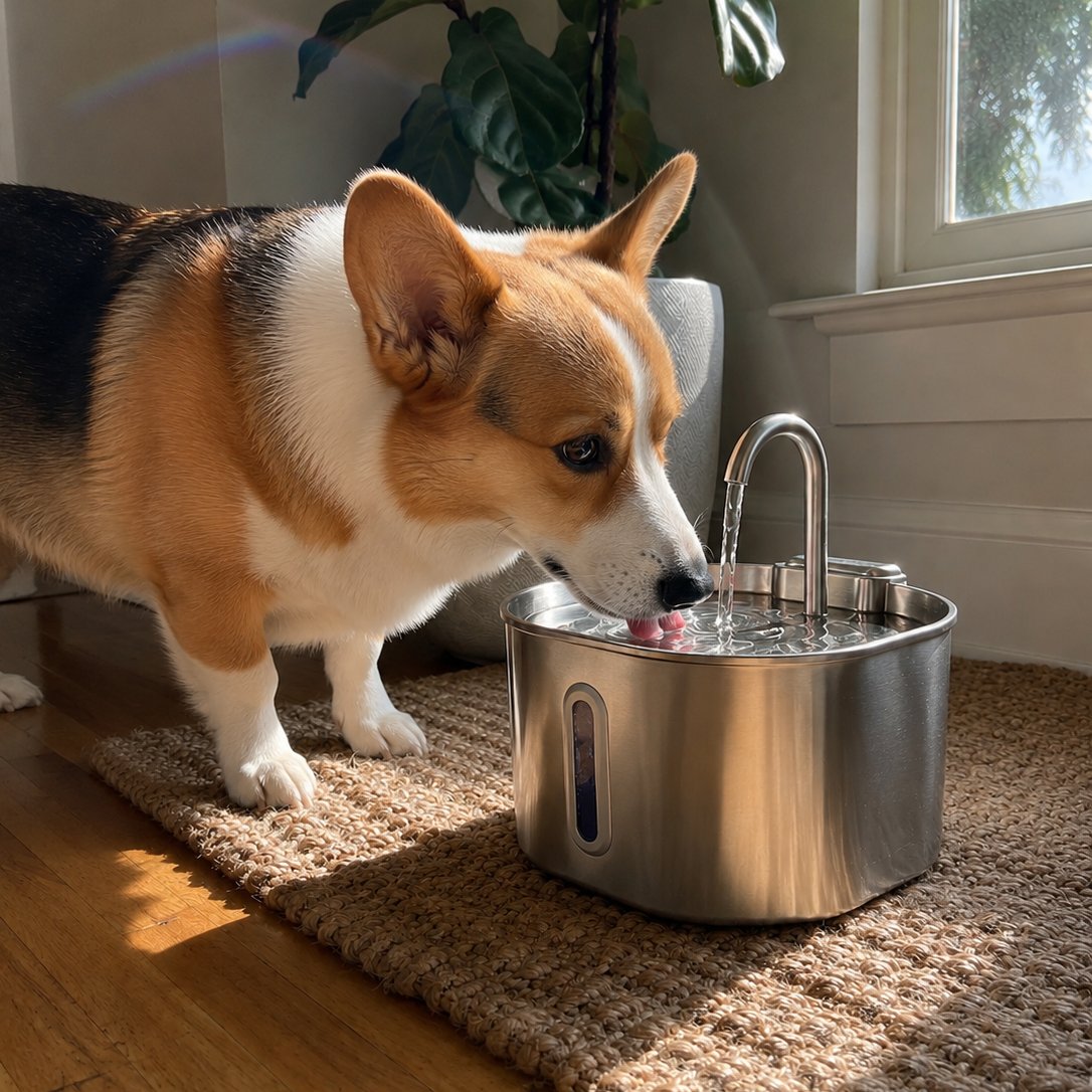 Stainless steel pet water fountain with arched spout and blue water level window, cat drinking from it (view 4)