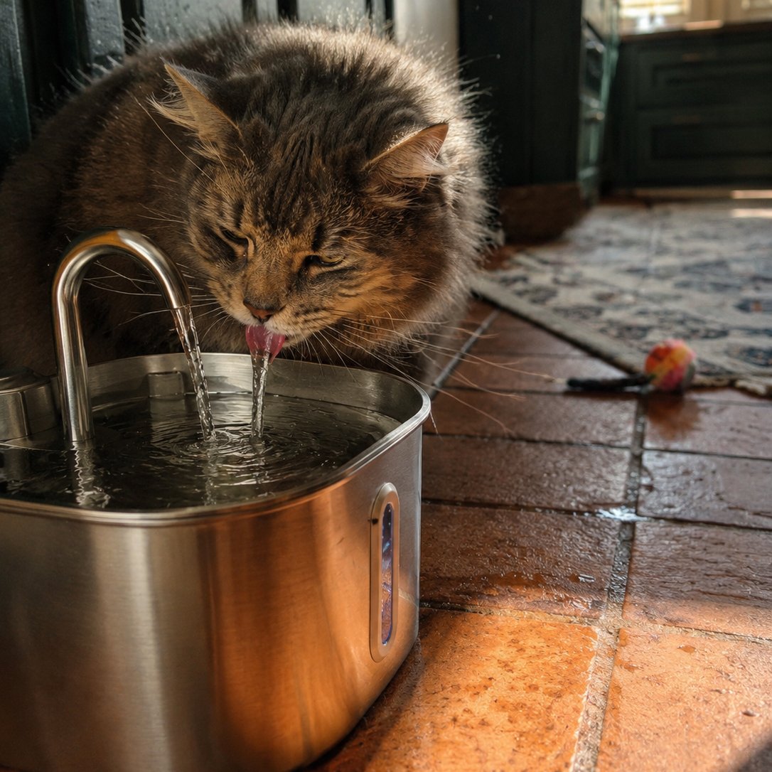 Stainless steel pet water fountain with arched spout and blue water level window, cat drinking from it (view 6)