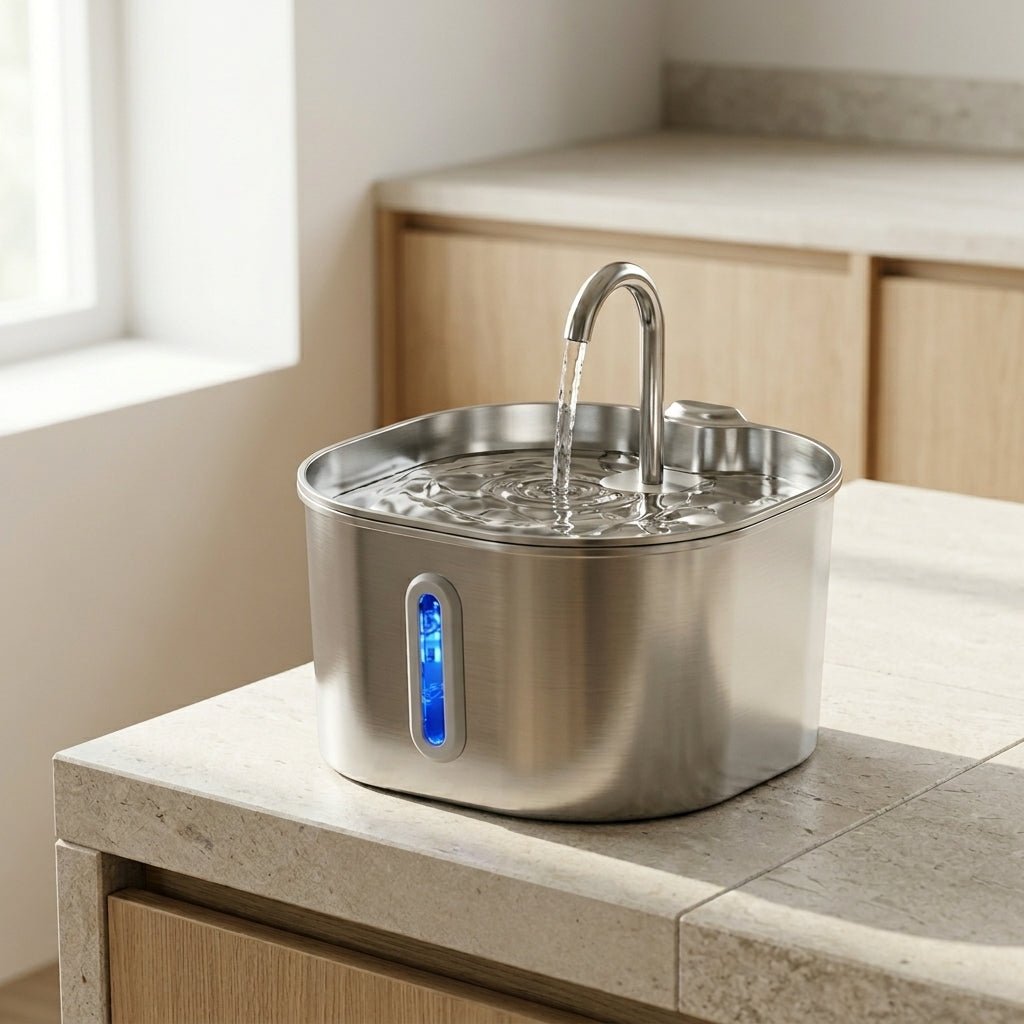 Stainless steel pet water fountain with arched spout and blue water level window, cat drinking from it (view 7)