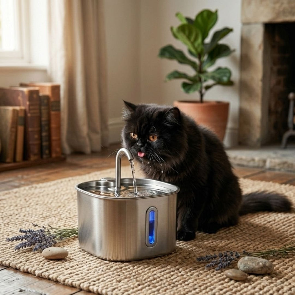 Stainless steel pet water fountain with arched spout and blue water level window, cat drinking from it (view 8)