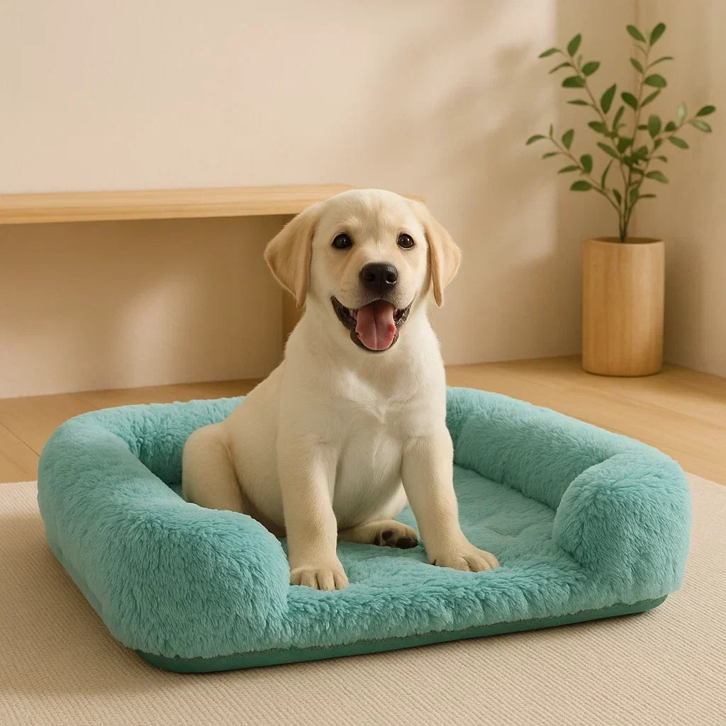 Plush Calming Dog Bed with Non-Slip Base and Removable Cover - Dog sitting on a teal pet bed in a room with a plant and wooden shelf.