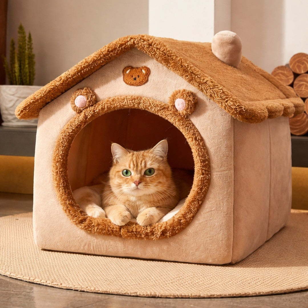 Cat inside a brown plush cat house