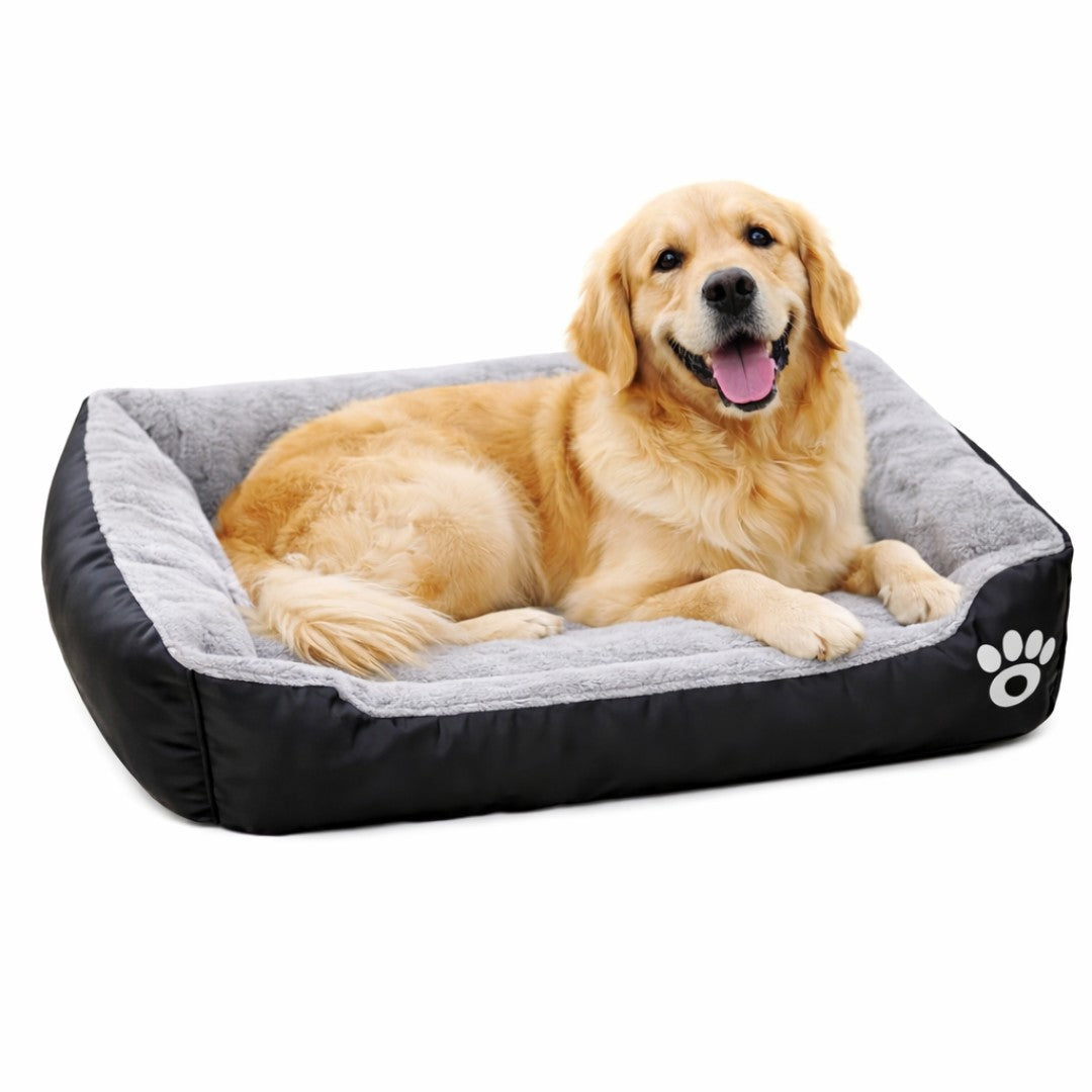 Dog lying in a black plush dog bed