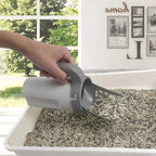 Grey cat litter scoop with integrated waste container
