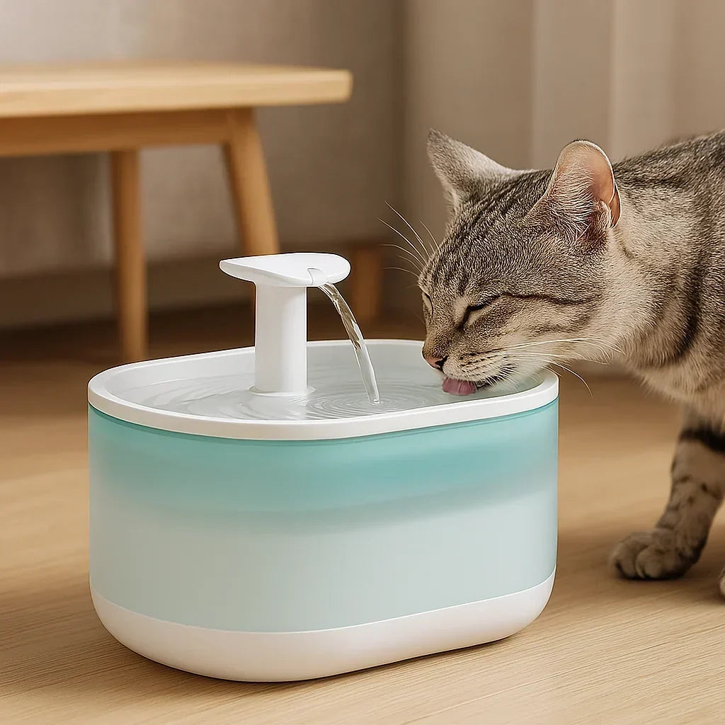 Quiet Pet Water Fountain for Cats - 5-Layer Filter, BPA-Free - Cat drinking water from a blue and white pet fountain on a wooden floor.